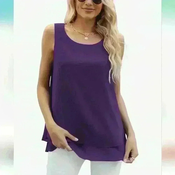🌴2/$25🌴JOUICA | Women's Purple Sleeveless Chiffon Double Tiered Layered Top - Picture 2 of 8